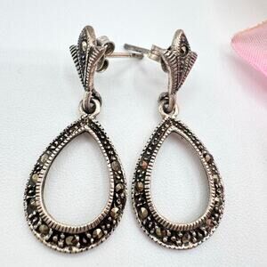 Vintage Marcasite Fleur de Lis 925 CN Sterling Silver  Teardrop Earrings Tested